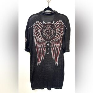 Affliction Polo Shirt Size XL Y2K Black Distressed Red Angel Wings Cross Graphic